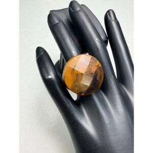 Natural Tiger Eye Stone Ring Chunky Statement Band Size 5.5 Brown Gold